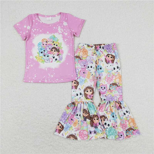 7.2 RTS NO MOQ Baby Girls Summer Kids Sets GSPO1372 Pink Animal Cat Flowers Shirts Top Bell Pants Clothes Sets