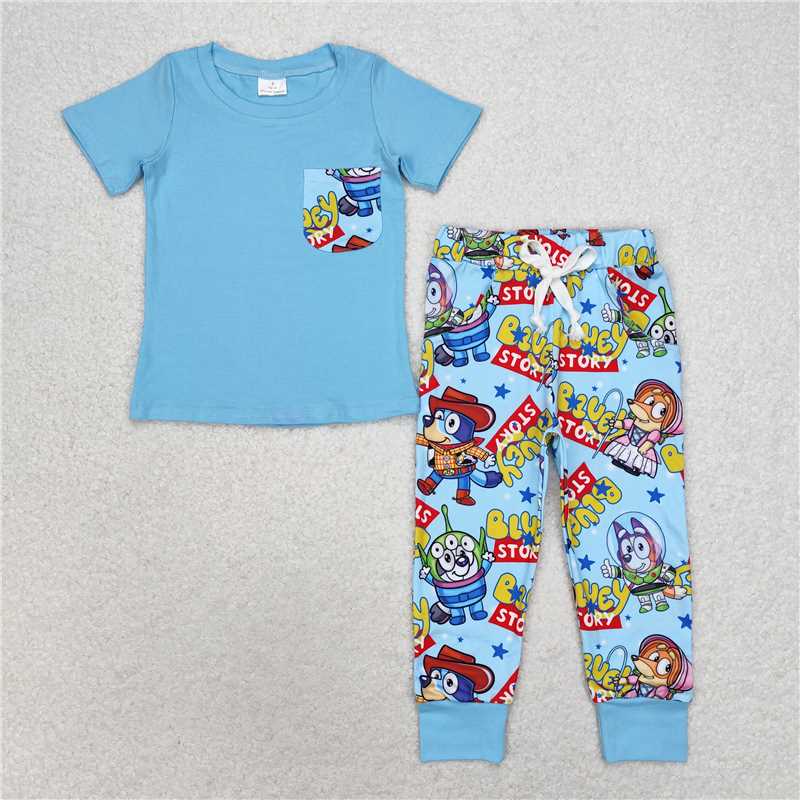 RTS NO MOQ Baby Boys Summer Sets BSPO0375 Dogs Blue Short Sleeve Pocket Shirt Pants Clothes Sets