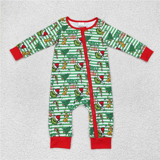 6.4 RTS NO MOQ Baby Boys Bodysuit LR1055 Christmas Stripe Green Face Frog Zip Rompers