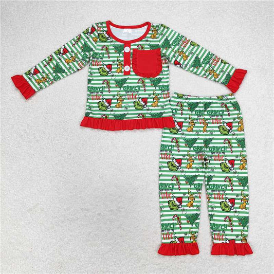 GLP1228 Baby Girls Christmas Green Face Pocket Shirt Pants Pajamas Clothes Sets