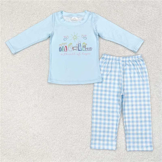 6.26 RTS NO MOQ Baby Boys Sets BLP0504 Christmas Blue Nativity Top Pants Clothes Sets