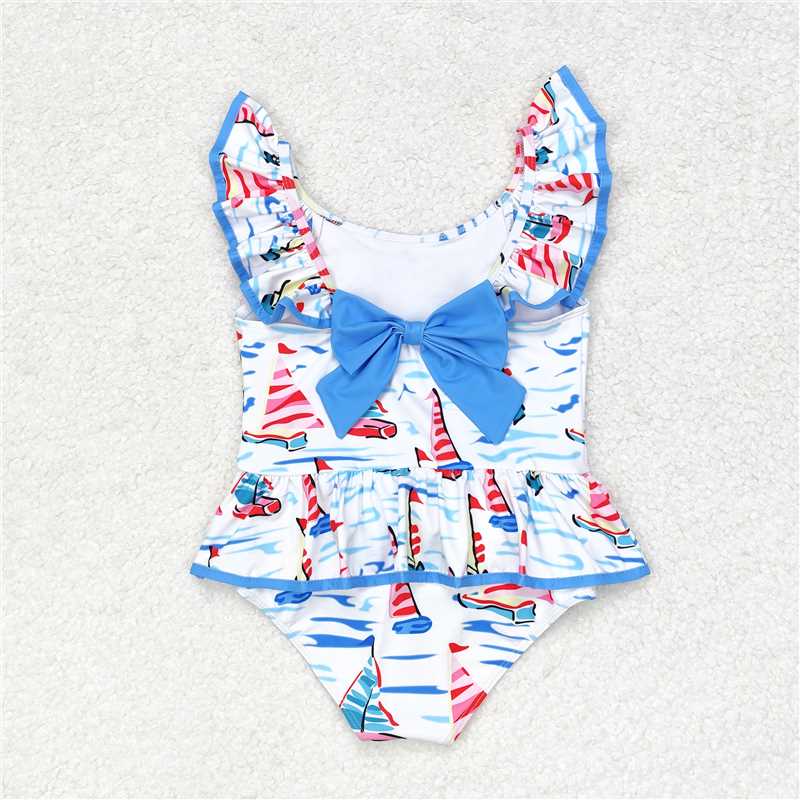 S0277 Baby Girls Blue Boats Bow Top Bummie Bows Swimsuits