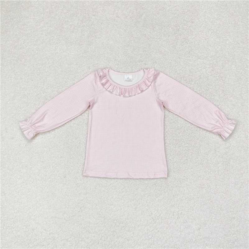 RTS NO MOQ Baby Girls Long Sleeve GT0626 Pink Color Long Sleeve Ruffle Plaid Tee Shirts Tops