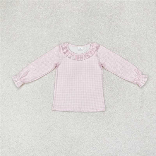 RTS NO MOQ Baby Girls Long Sleeve GT0626 Pink Color Long Sleeve Ruffle Plaid Tee Shirts Tops