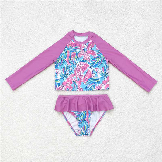 S0259 Baby Girls Pink Flowers Long Sleeve Top Bummie Two Pieces Swimsuits