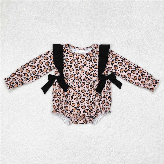7.12 RTS NO MOQ Baby Girls Bodysuit LR1071 Leopard Bows Long Sleeve Rompers