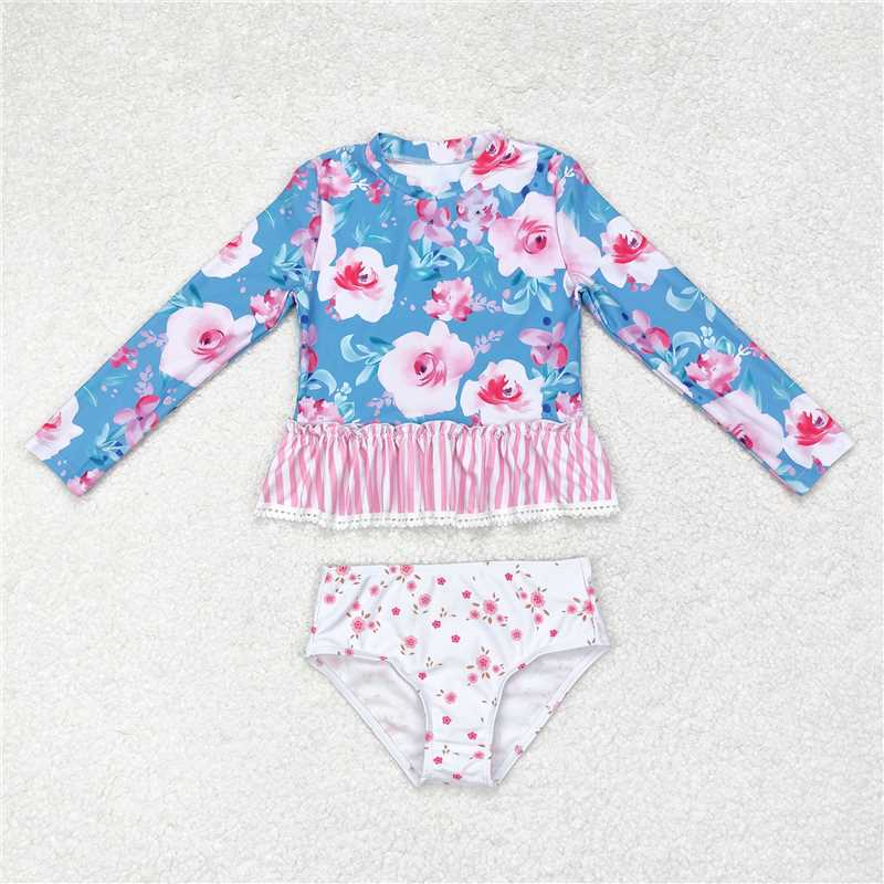 RTS NO MOQ Baby Girls Summer Sets S0168 Blue Flowers Long Sleeve Two Pieces Swimsuits