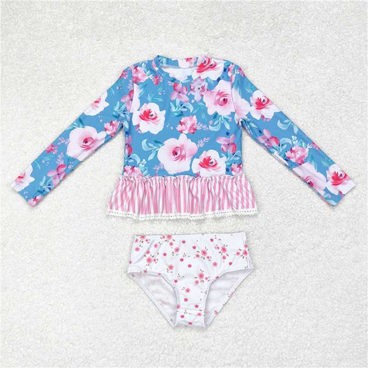 RTS NO MOQ Baby Girls Summer Sets S0168 Blue Flowers Long Sleeve Two Pieces Swimsuits