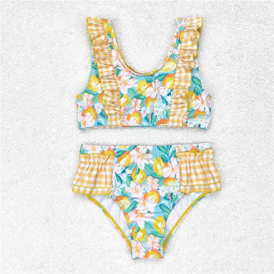 RTS NO MOQ Baby Girls Summer Sets S0343 Orange Ruffle Top Bummie Two Pieces Swimsuits