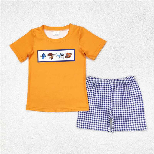 RTS NO MOQ Baby Boys kids Summer sets BSSO0964 Fish Orange Short Sleeve Plaid Shorts Set