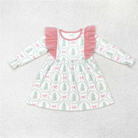 6.12 RTS NO MOQ Baby Girls Long Sleeve GLD0555 Christmas Trees Ruffles Knee Length Dresses