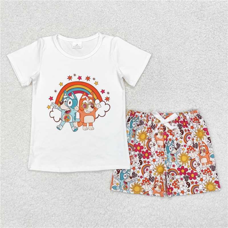 GSSO0512 Baby Girls Dog Peace Rainbow Shirts Shorts Summer Clothes Sets