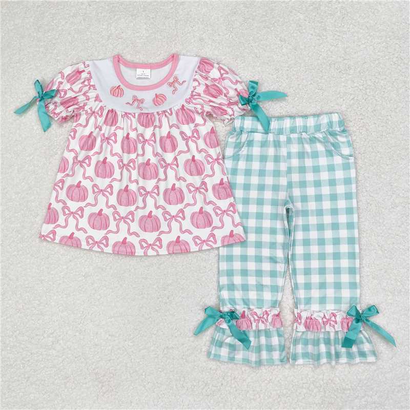 RTS NO MOQ Baby Girls Summer Kids Sets GSPO1627 Pumpkin Bows Tunic Top Checkered Pants Clothes Sets