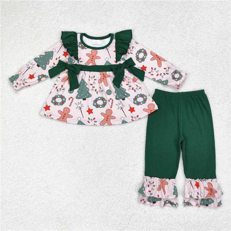 GLP1254 Baby Girls Christmas Gingerbread Bows Tunic Ruffle Pants Clothes Sets