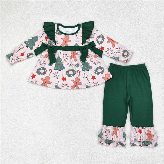 GLP1254 Baby Girls Christmas Gingerbread Bows Tunic Ruffle Pants Clothes Sets