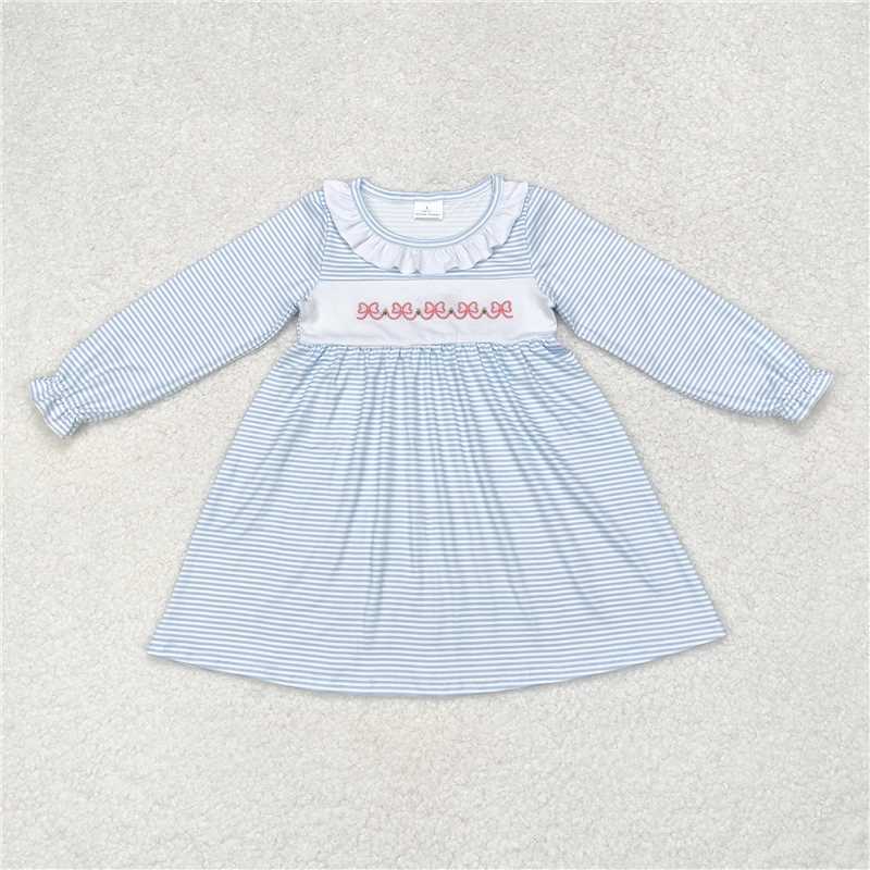 6.12 RTS NO MOQ Baby Girls Long Sleeve GLD0508 Blue Stripes Bows Knee Length Dresses