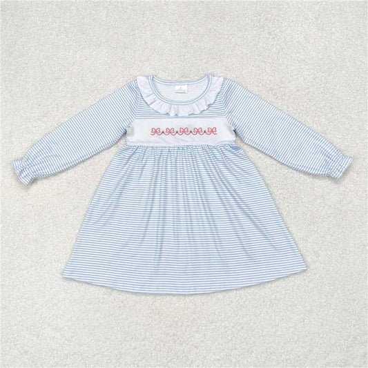 6.12 RTS NO MOQ Baby Girls Long Sleeve GLD0508 Blue Stripes Bows Knee Length Dresses