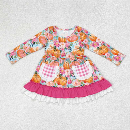 RTS NO MOQ Baby Girls Long Sleeve GLD0532 Pumpkin Ruffle Flowers Knee Length Dresses