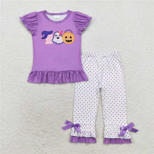 RTS NO MOQ Baby Girls Summer Kids Sets GSPO1647 Purple Halloween Pumpkin Top Ruffle Pants Clothes Sets