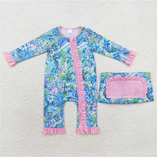 6.19 RTS NO MOQ Baby Girls Bodysuit LR1339 Blue House Flowers Long Sleeve Rompers