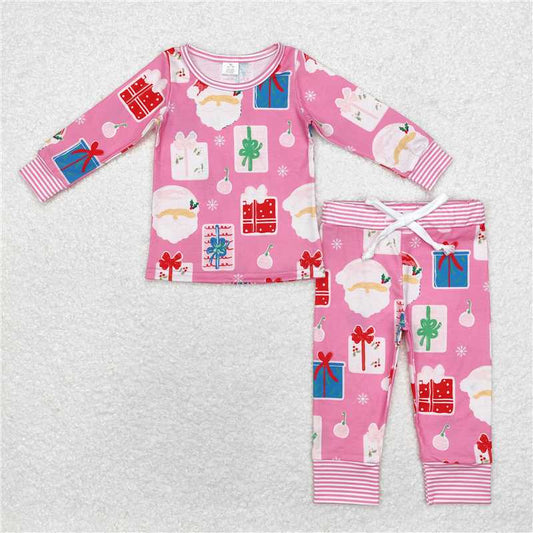 GLP1581 Baby Girls Pink Santa Christmas Bamboo Pajamas Clothes Sets