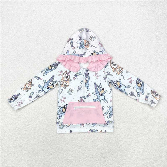 RTS NO MOQ Baby Girls Long Sleeve GT0634 Pink Dogs Birthday Ruffle Hooded Tops