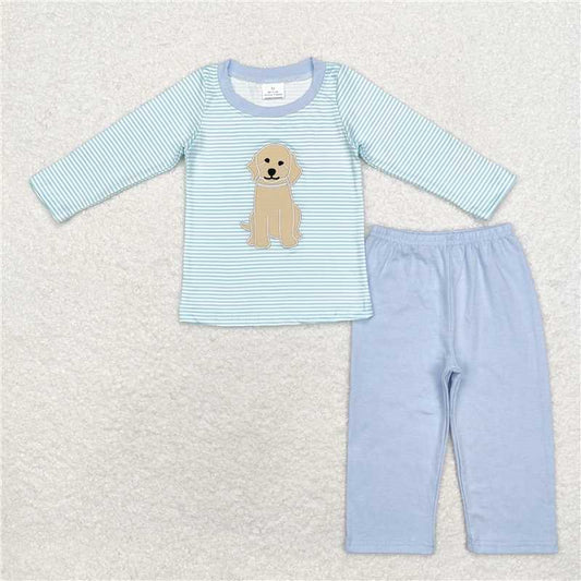 6.26 RTS NO MOQ Baby Boys Sets BLP0592 Blue Stripes Dog Shirt Pants Clothes Sets