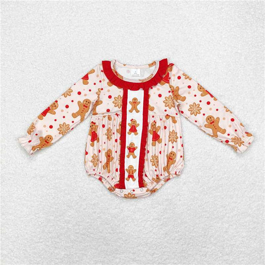 5.14 RTS NO MOQ Baby Girls Bodysuit LR1583 Christmas Long Sleeve Gingerbread Ruffle Rompers