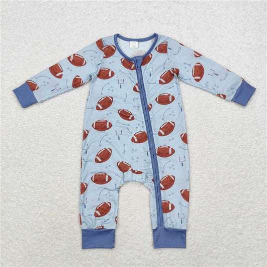 6.4 RTS NO MOQ Baby Boys Bodysuit LR1463 Football Light Blue Bamboo Zip Rompers