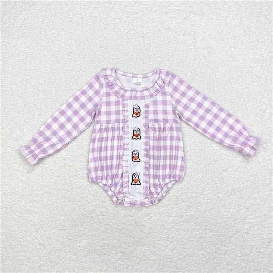 5.19 RTS NO MOQ Baby Girls Bodysuit LR1299 Lavender Checkered Ghost Halloween Long Sleeve Rompers