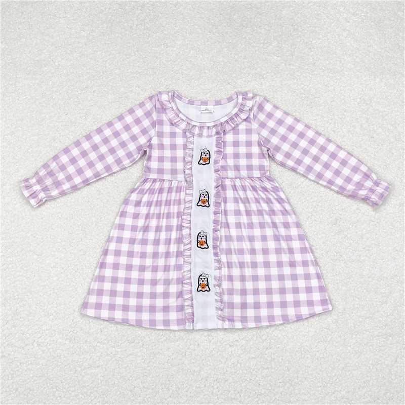 5.15 RTS NO MOQ Baby Girls Long Sleeve GLD0626 Lavender Checkered Halloween Ghost Knee Length Dresses