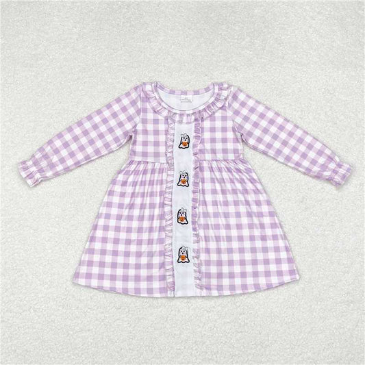 5.15 RTS NO MOQ Baby Girls Long Sleeve GLD0626 Lavender Checkered Halloween Ghost Knee Length Dresses