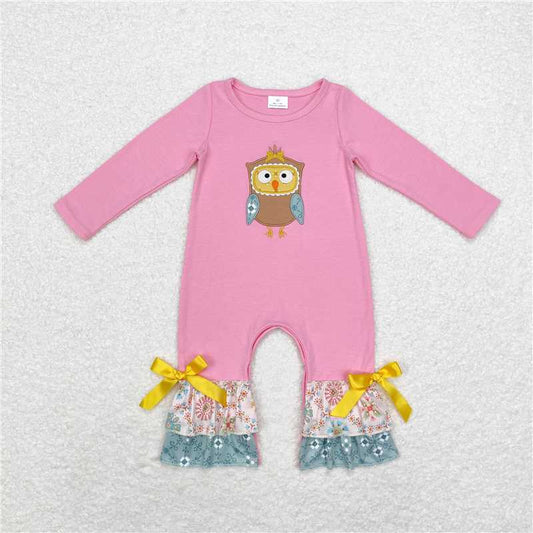 5.19 RTS NO MOQ Baby Girls Bodysuit LR0494 Pink Fall Owl Ruffle Rompers