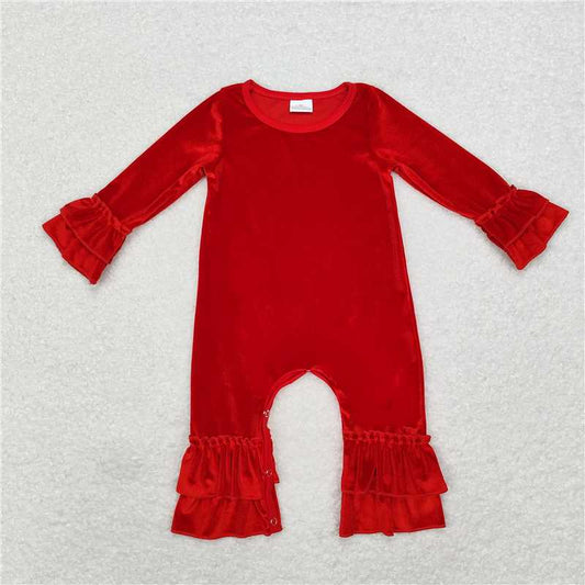 5.14 RTS NO MOQ Baby Girls Bodysuit LR1286 Red Velvet Ruffle Long Sleeve Rompers