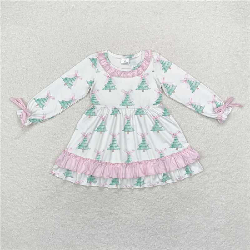 RTS NO MOQ Baby Girls Long Sleeve GLD0740 Christmas Tree Pink Bows Ruffle Knee Length Dresses