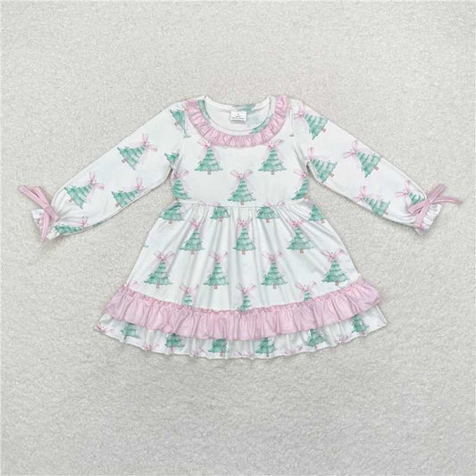 RTS NO MOQ Baby Girls Long Sleeve GLD0740 Christmas Tree Pink Bows Ruffle Knee Length Dresses