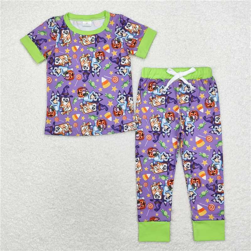 RTS NO MOQ Baby Boys Summer Sets BSPO0409 Dogs Halloween Purple Tops Pants Pajamas Clothes Sets