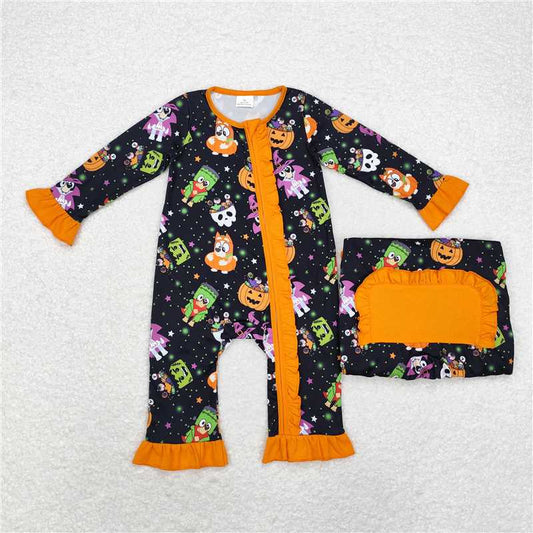 5.14 RTS NO MOQ Baby Girls Bodysuit LR1694 Halloween Dogs Pumpkins Zip Long Sleeve Rompers