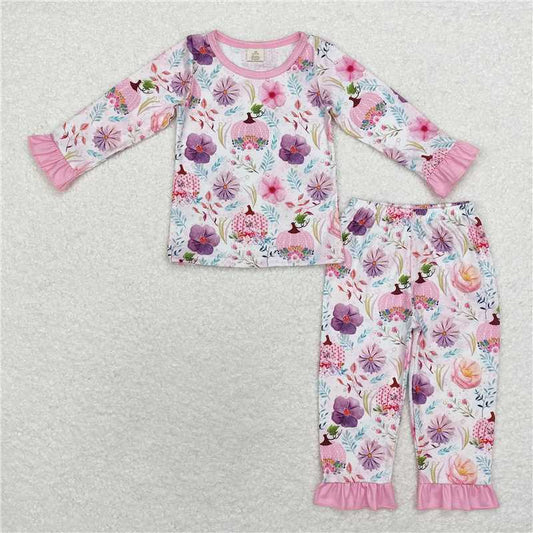 GLP1482 Baby Girls Pink Pumpkin Flowers Bamboo Pajamas Clothes Sets