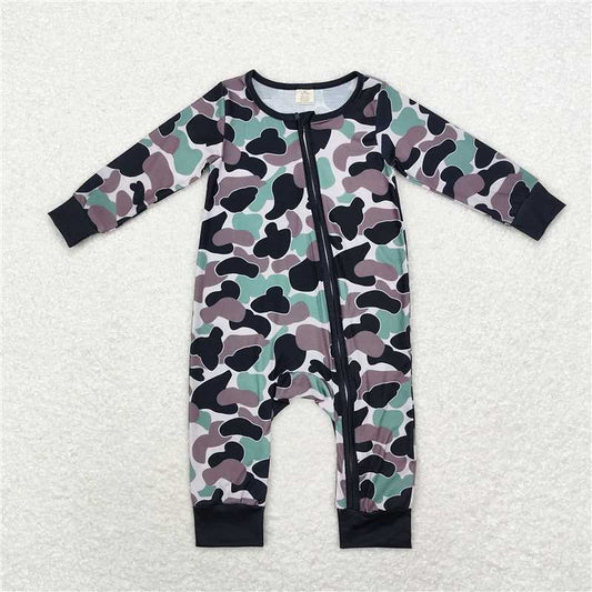 5.15 RTS NO MOQ Baby Boys Bodysuit LR1460 Green Brown Camo Bamboo Zip Rompers