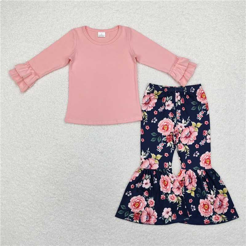 GLP1684 Baby Girls Pink Top Flowers Bell Pants Clothes Sets