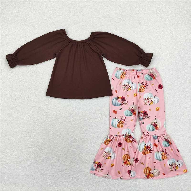 GLP1652 Girls Baby Fall Brown Tops Pumpkin Bell Pants Clothes Sets