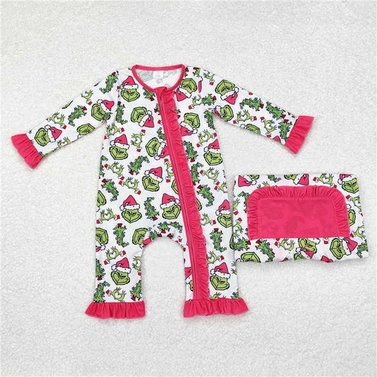 6.19 RTS NO MOQ Baby Girls Bodysuit LR1337 Pink Christmas Green Face Hearts Bamboo Ruffles Rompers