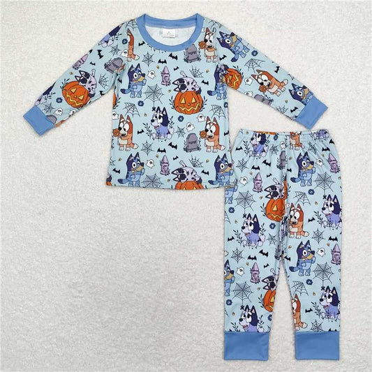 BLP0726 Baby Kids Halloween Blue Dogs Spider Top Pants Pajamas Clothes Sets