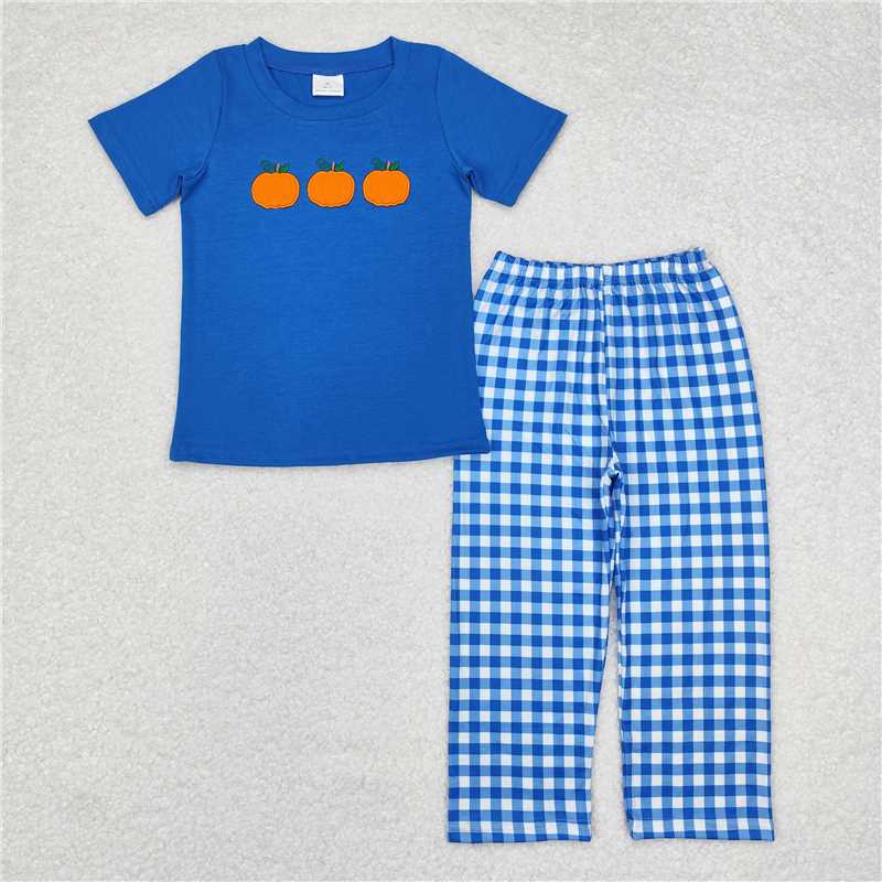 RTS NO MOQ Baby Boys Summer Sets BSPO0468 Blue Pumpkins Tee Shirt Pant Fall Clothes Sets