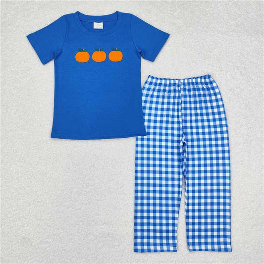 RTS NO MOQ Baby Boys Summer Sets BSPO0468 Blue Pumpkins Tee Shirt Pant Fall Clothes Sets