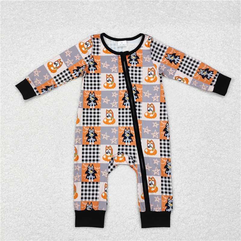 5.14 RTS NO MOQ Baby Boys Bodysuit LR1484 Halloween Orange Dogs Zip Long Sleeve Rompers