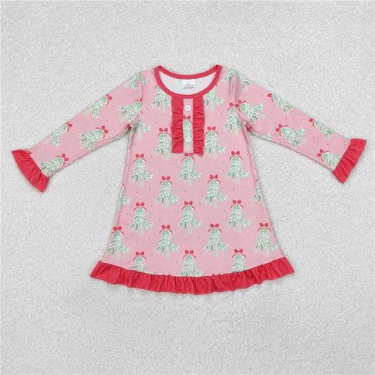 GLD0636 Baby Girls Christmas Tree Pink Long Sleeve Knee Length Dresses