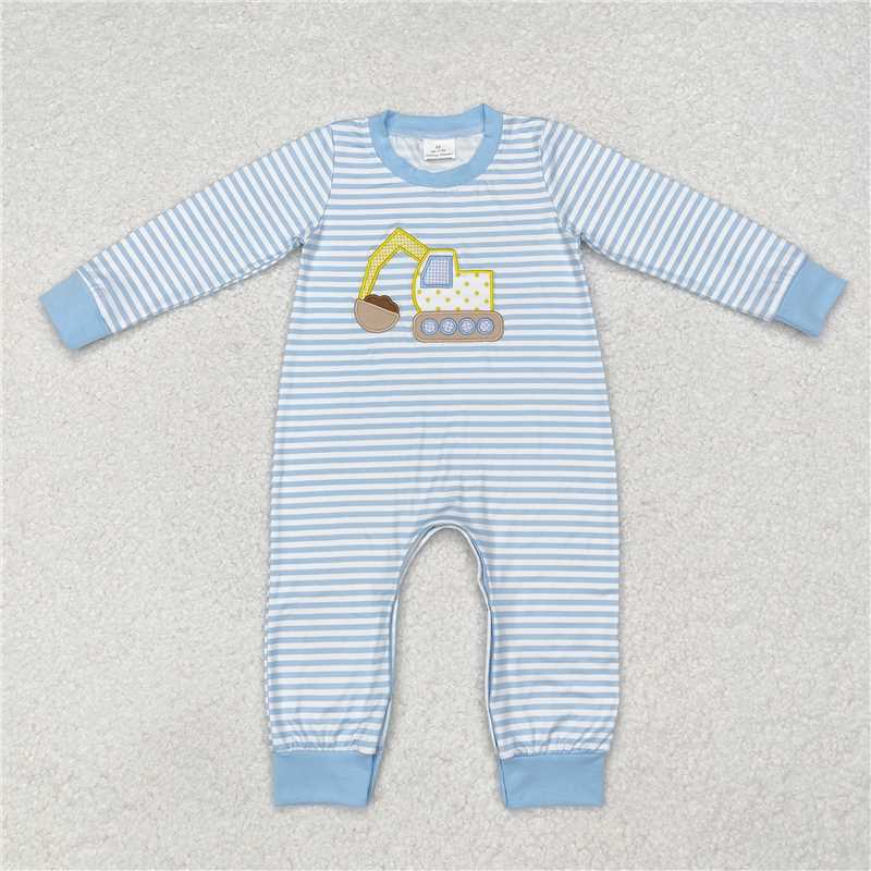 5.13 RTS NO MOQ Baby Boys Bodysuit LR1617 Blue Stripes Digger Construction Rompers