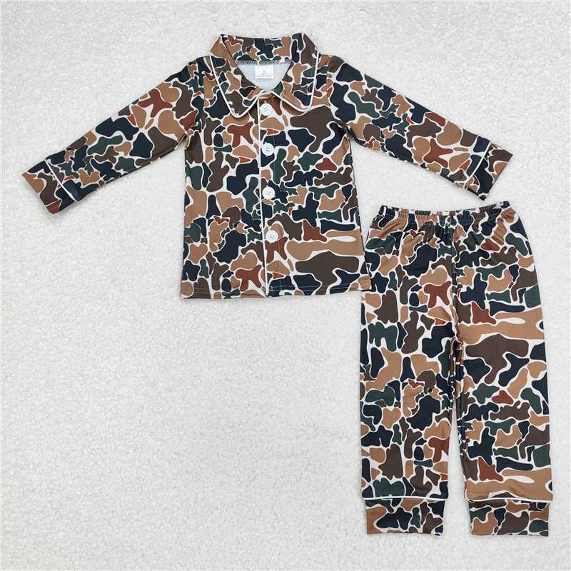 BLP0704 Baby Boys Camo Fall Brown Buttons Top Pants Pajamas Clothes Sets